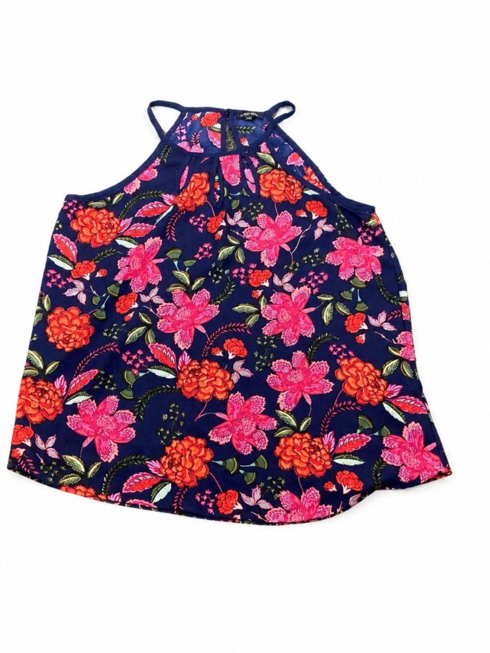 Papermoon Women's Halter Tank Top Size M Navy Floral Cutouts Back Keyhole